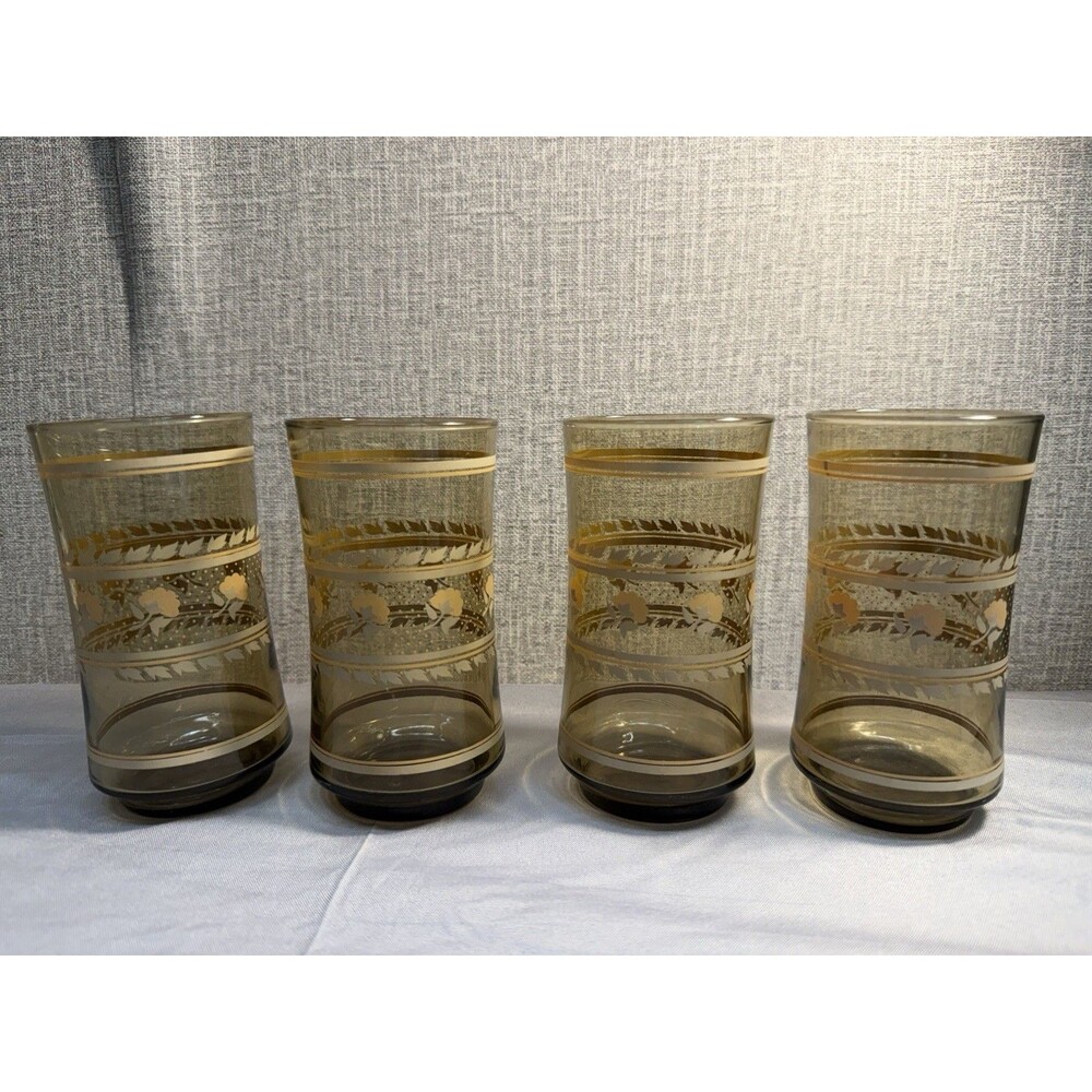 4 1970s Libbey Brown Tumblers Mid-century Peach Flower Polka Dot Stripes glasses